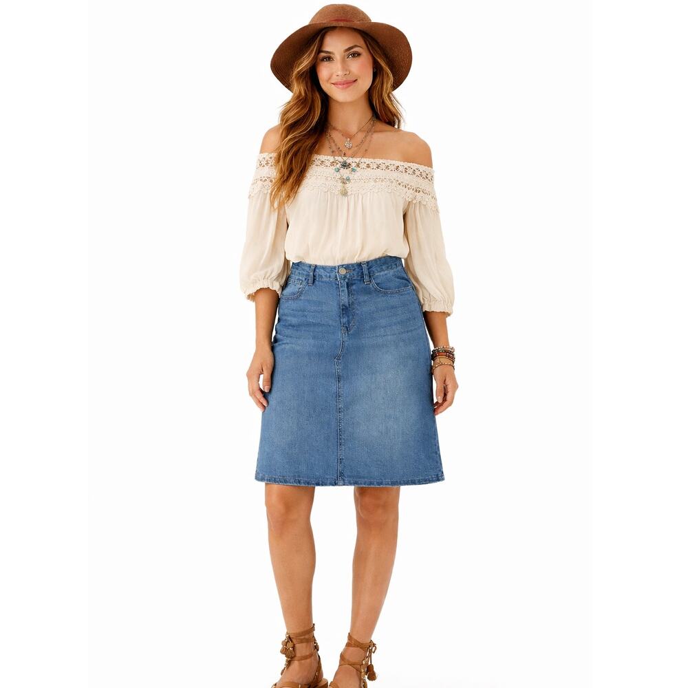 BACCINI Denim Midi Skirt Size 12 Blue Wash Stretch Zipper Closure Y2K